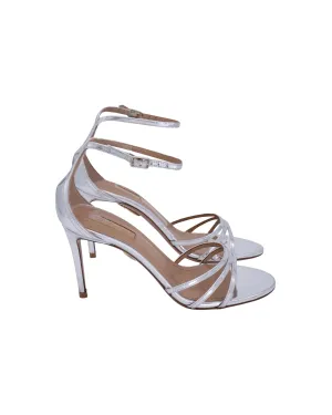 Aquazzura Very Purist 85 Ankle Strap Sandals in Silver Leather