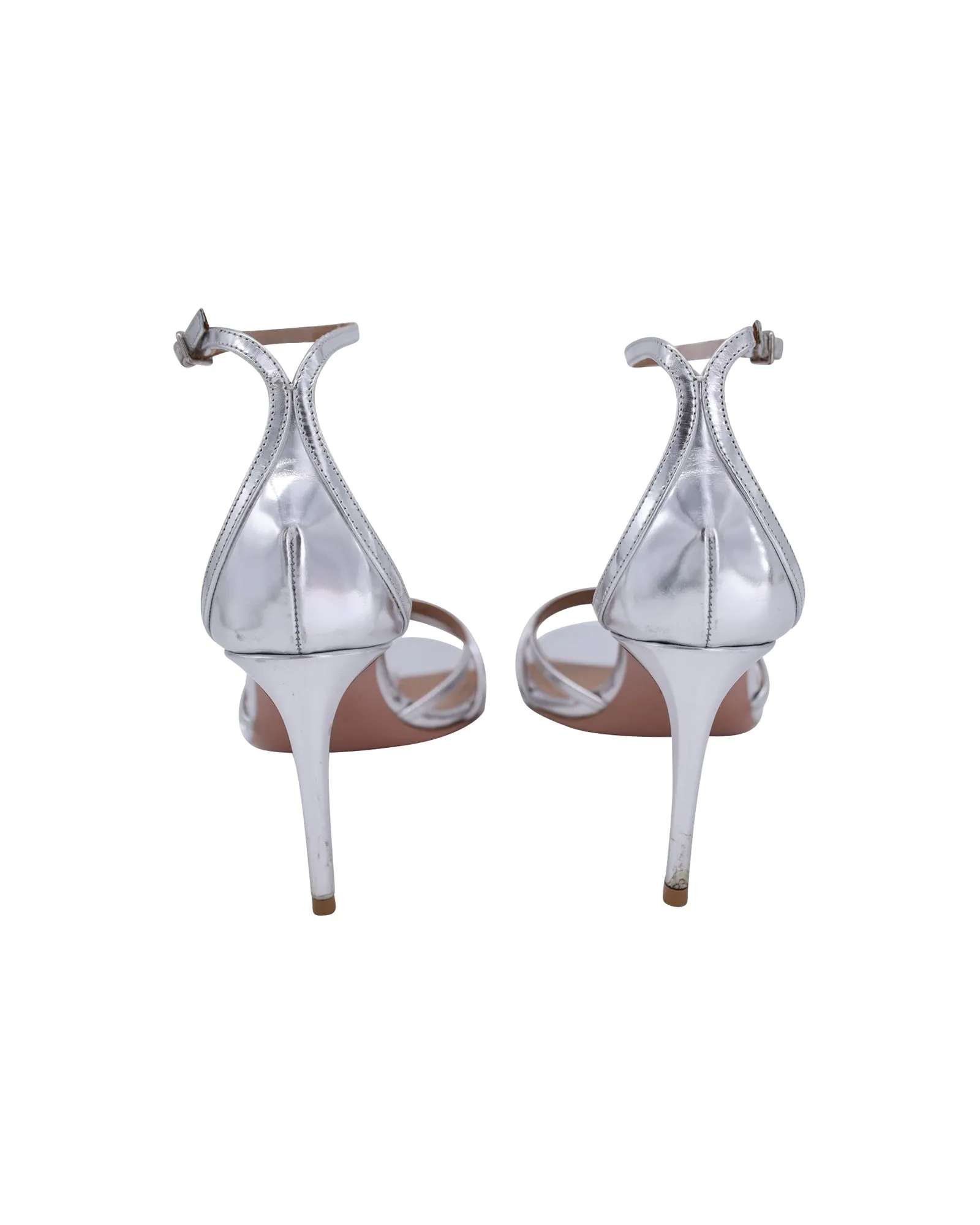 Aquazzura Very Purist 85 Ankle Strap Sandals in Silver Leather