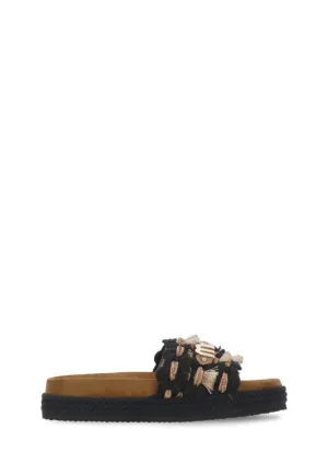 Black Leather And Fabric Sandals