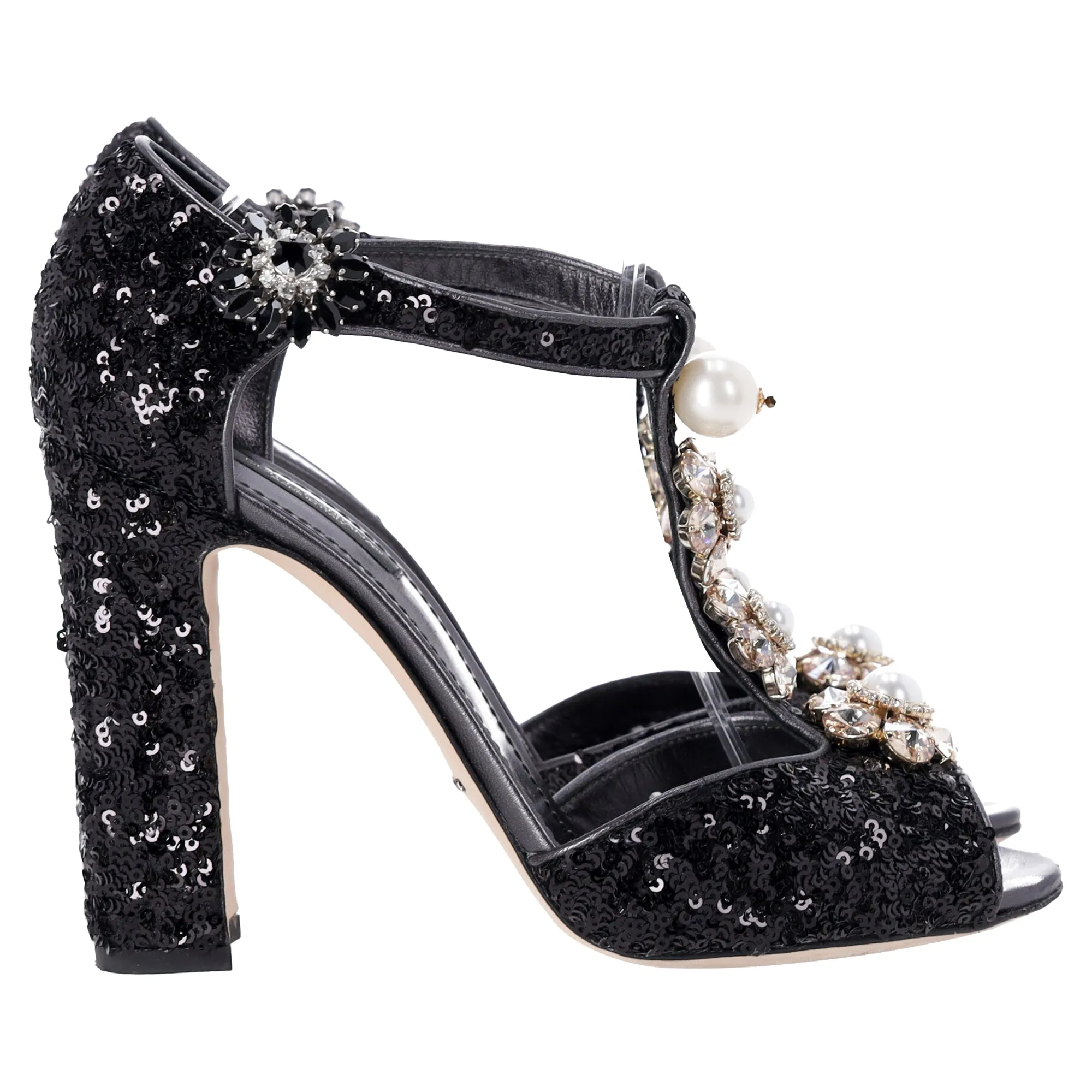 Dolce & Gabbana Embellished Peep-Toe Sandals in Black Sequin
