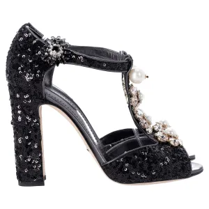 Dolce & Gabbana Embellished Peep-Toe Sandals in Black Sequin