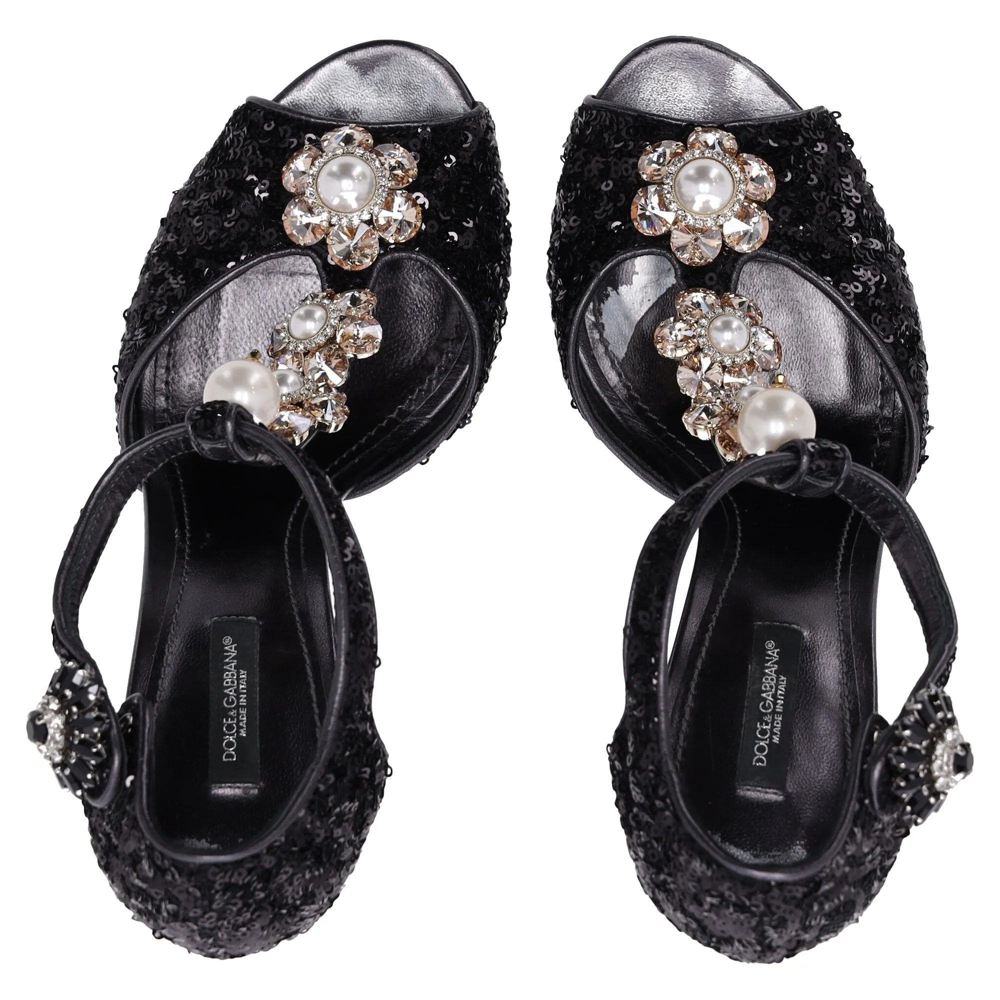 Dolce & Gabbana Embellished Peep-Toe Sandals in Black Sequin