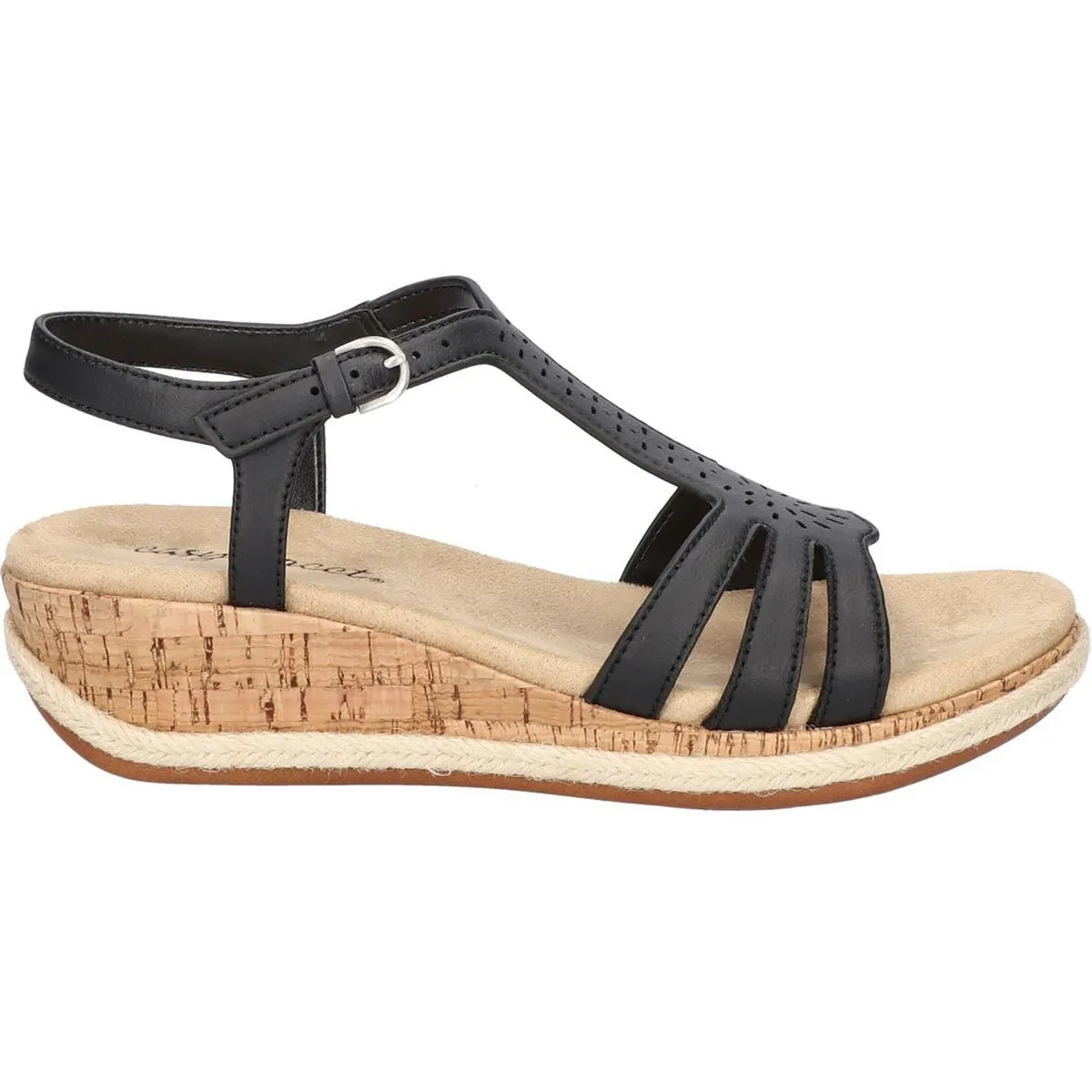 Dorinda Womens Faux Leather T-Strap Wedge Sandals