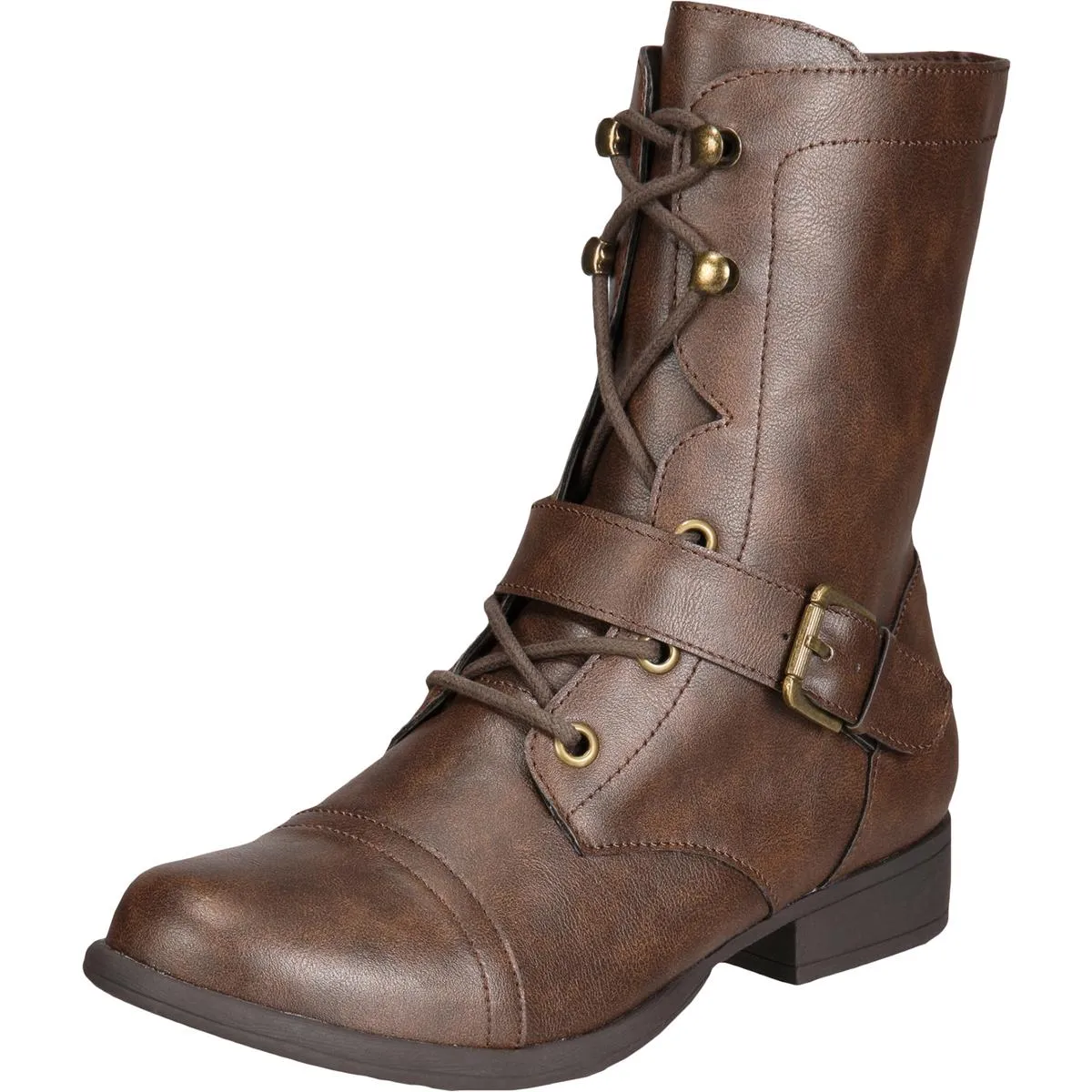 Farrahh Womens Faux Leather Lace-Up Combat Boots