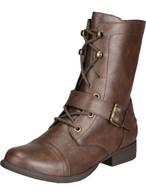 Farrahh Womens Faux Leather Lace-Up Combat Boots