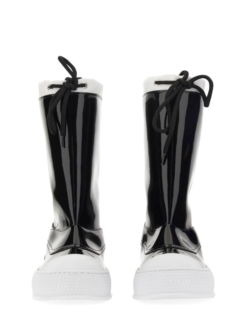 Glossy High-Shaft Boots With Contrasting Sole