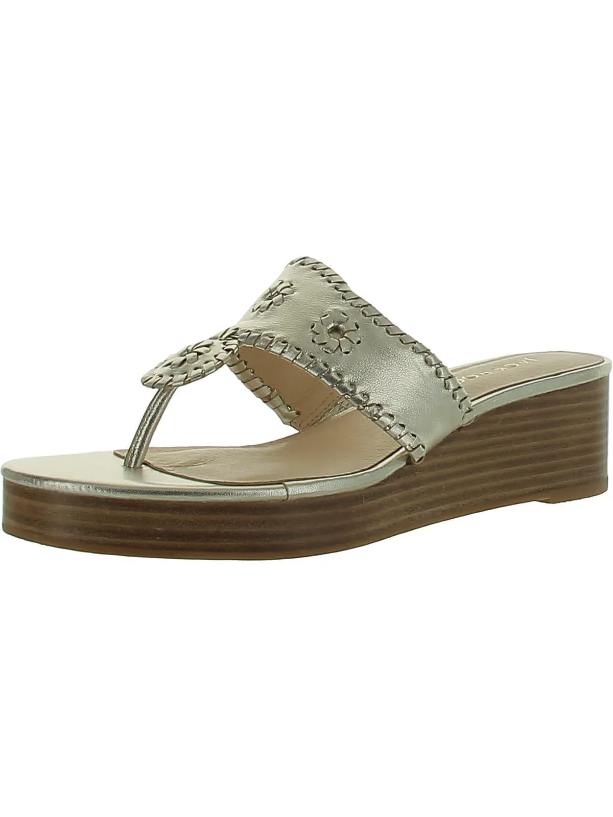 Jacks Mid Stacked Womens Leather Metallic Wedge Sandals