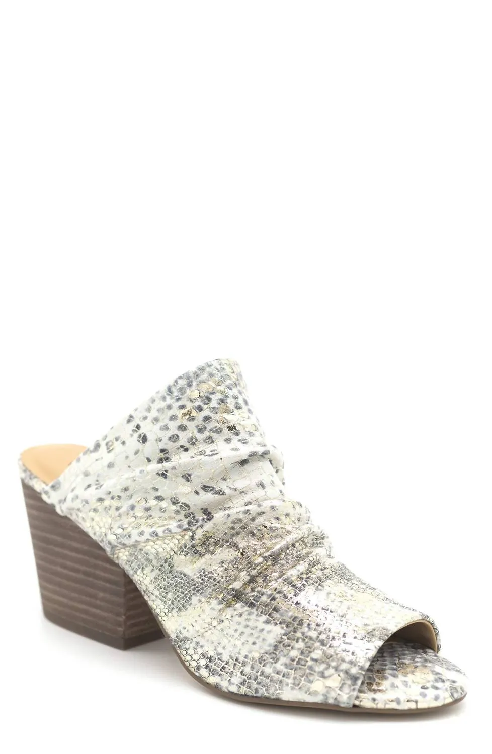 Landon Snake Print Leather Block Heel In Metallic Mirror Wash