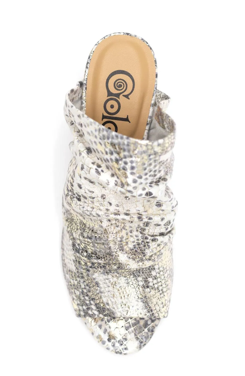 Landon Snake Print Leather Block Heel In Metallic Mirror Wash