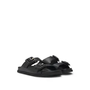 Leather slides with twin buckled straps
