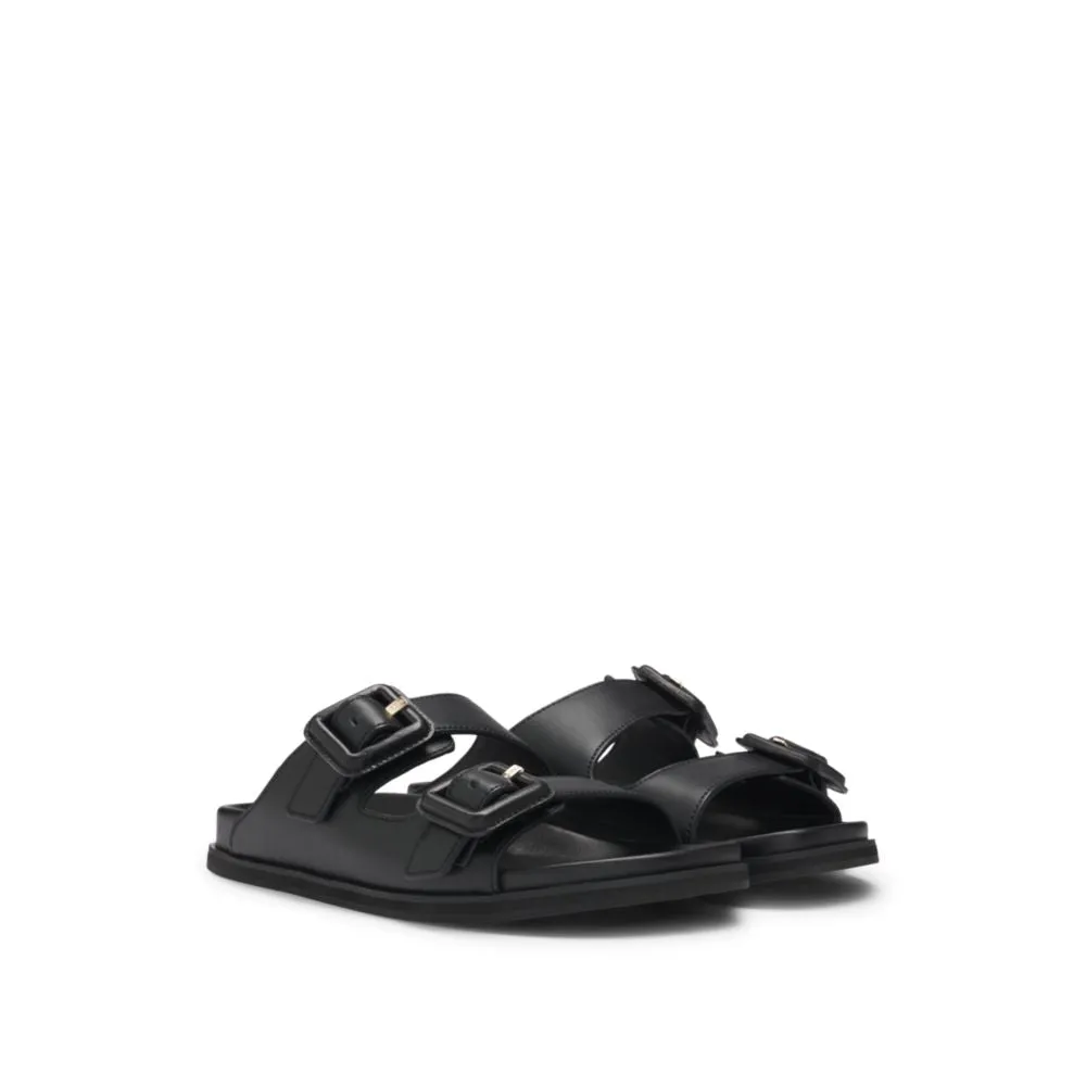 Leather slides with twin buckled straps