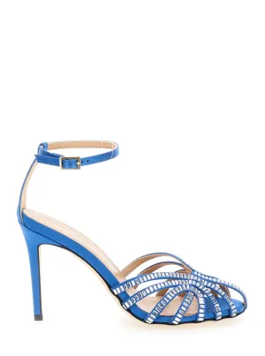 Light Blue Sandals With Baguette Rhinestones In Satin