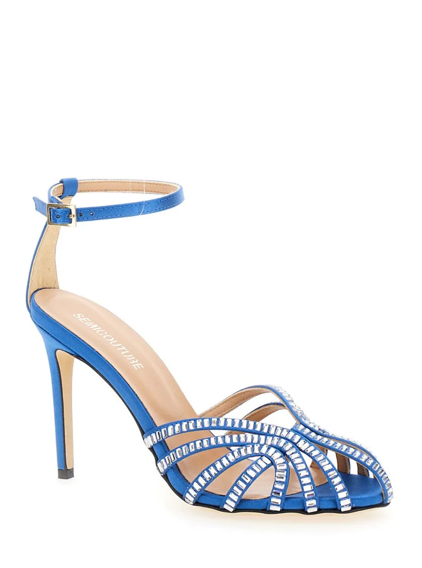 Light Blue Sandals With Baguette Rhinestones In Satin