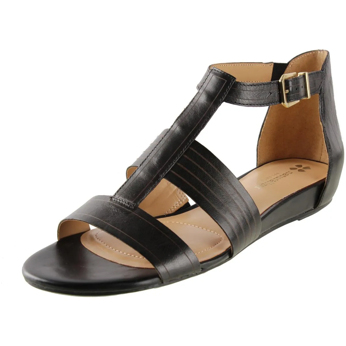 Longing Womens Leather Low Wedge T-Strap Sandals