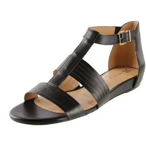 Longing Womens Leather Low Wedge T-Strap Sandals