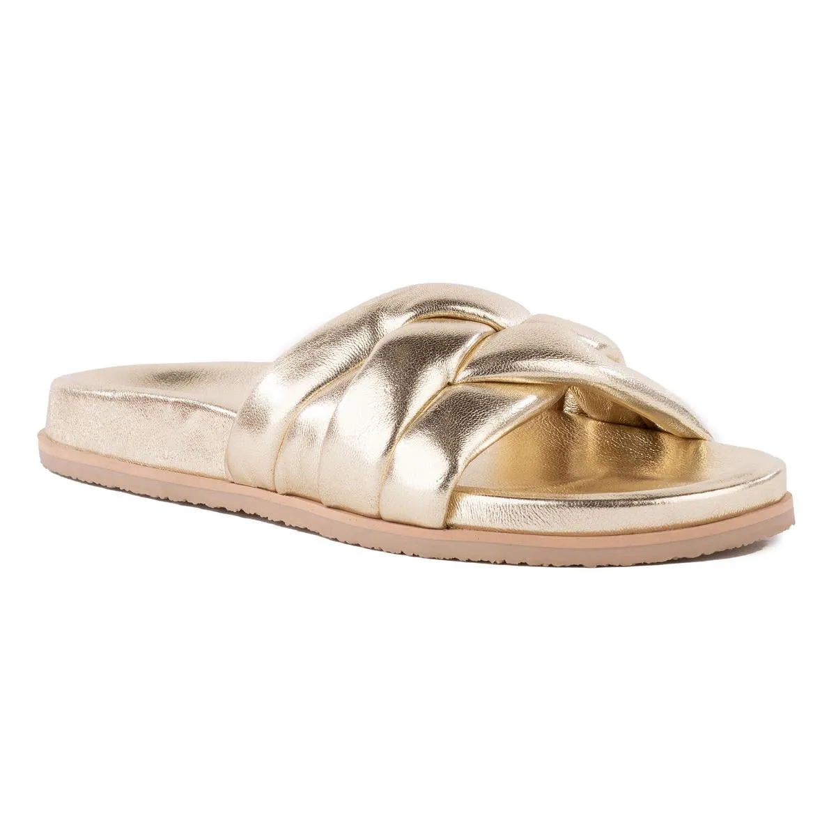 Low Key Glow Up Womens Criss-Cross Leather Slide Sandals