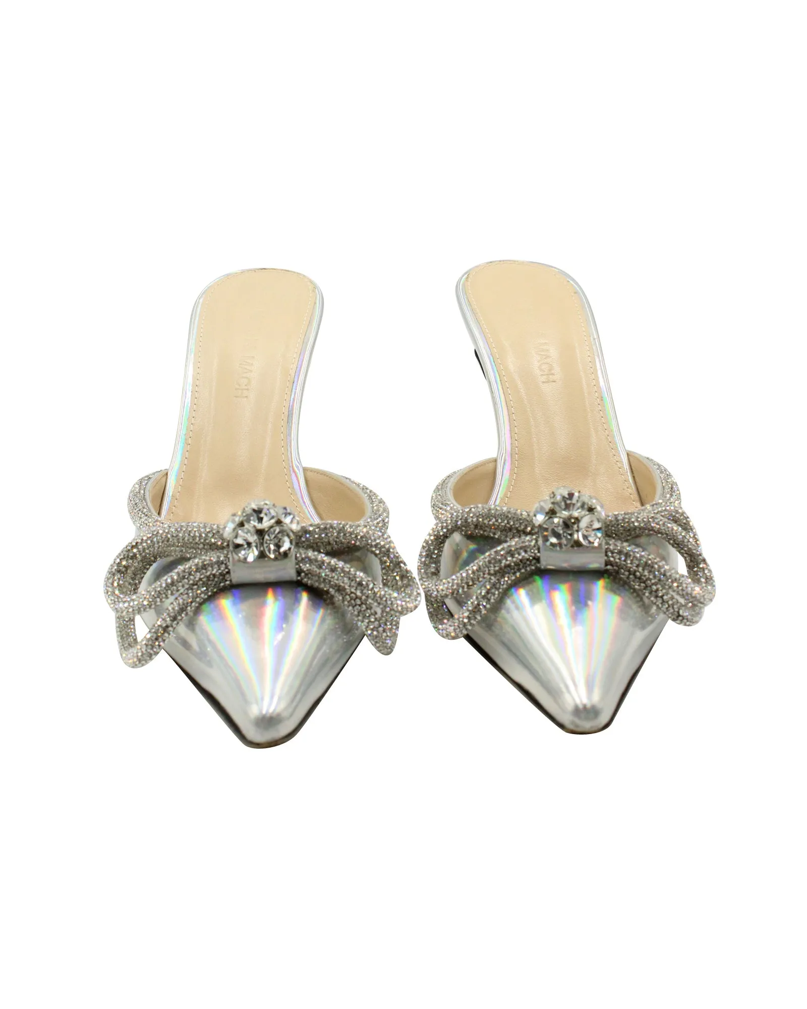 Mach & Mach Iridescent Double Crystal Bow Pointed-toe Mules in Silver Leather