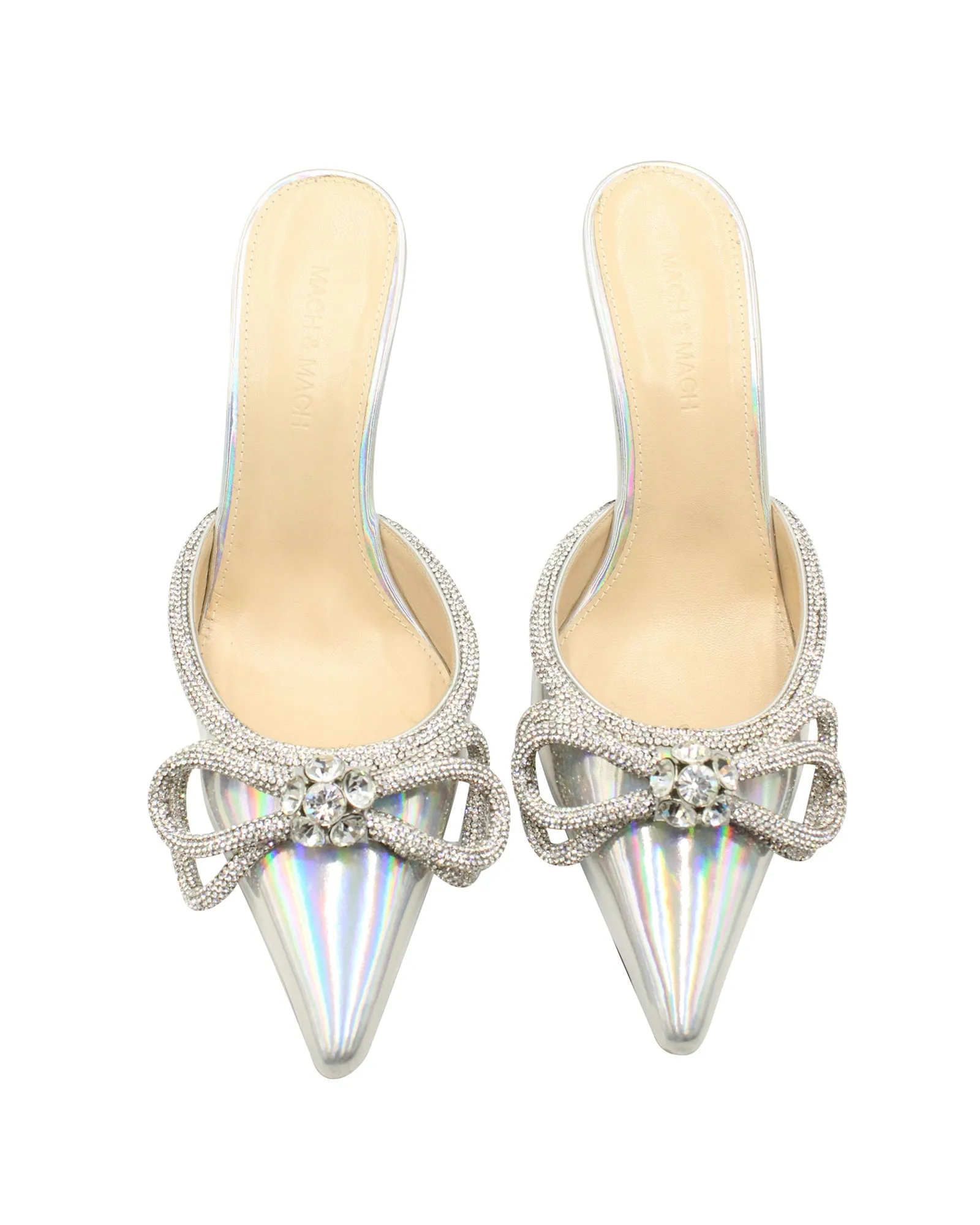 Mach & Mach Iridescent Double Crystal Bow Pointed-toe Mules in Silver Leather