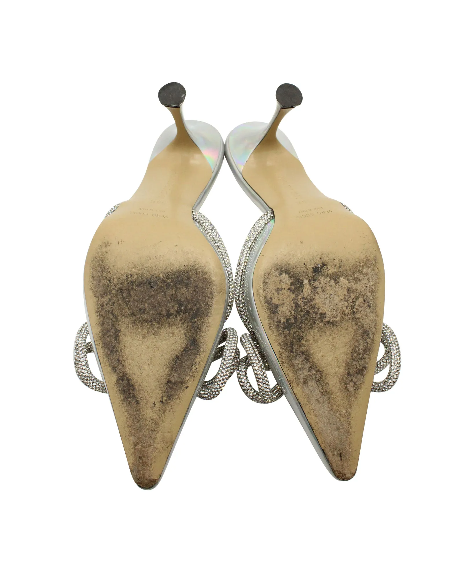 Mach & Mach Iridescent Double Crystal Bow Pointed-toe Mules in Silver Leather