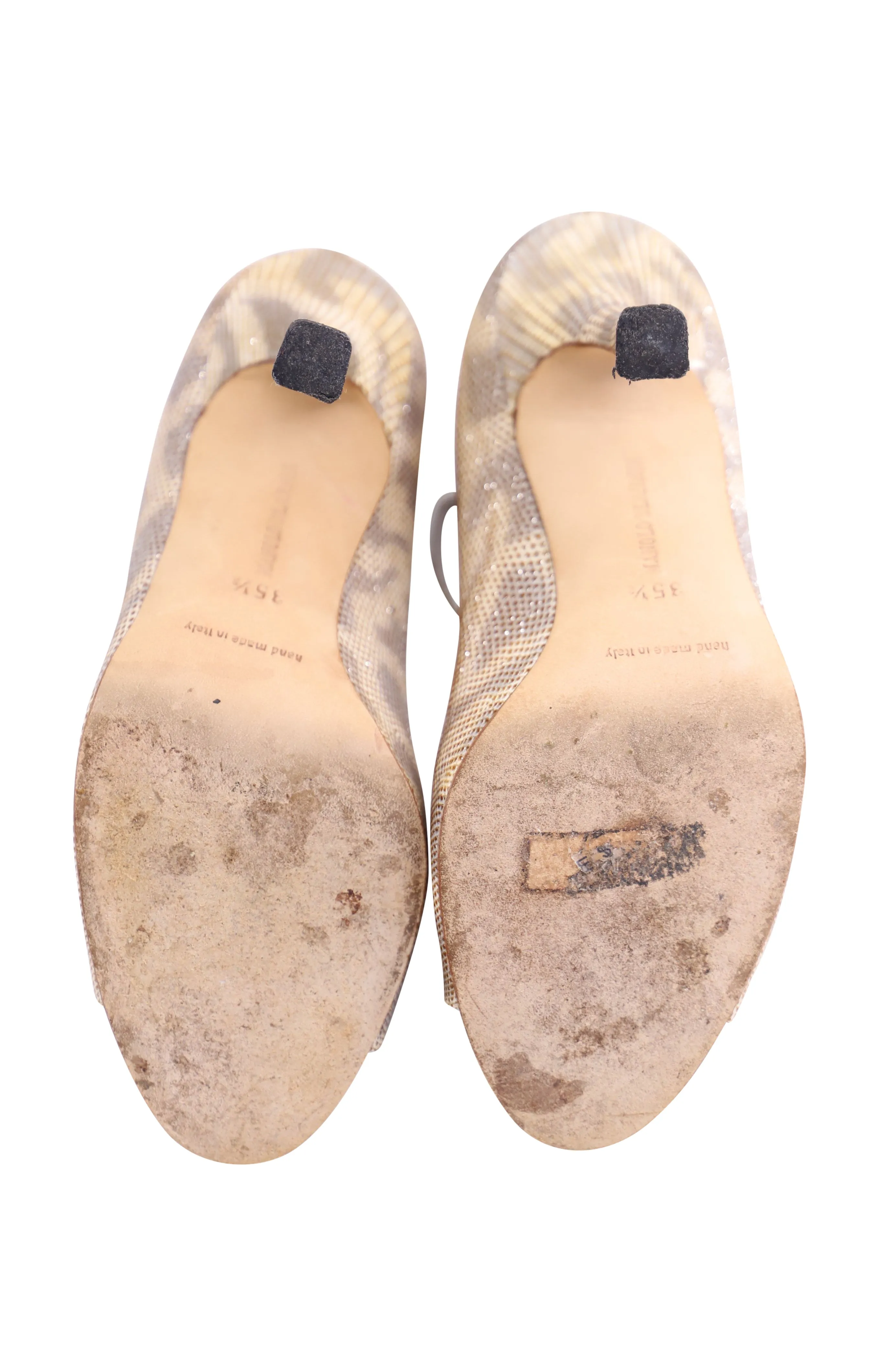 Manolo Blahnik Peep Toe Pumps in Gold Leather