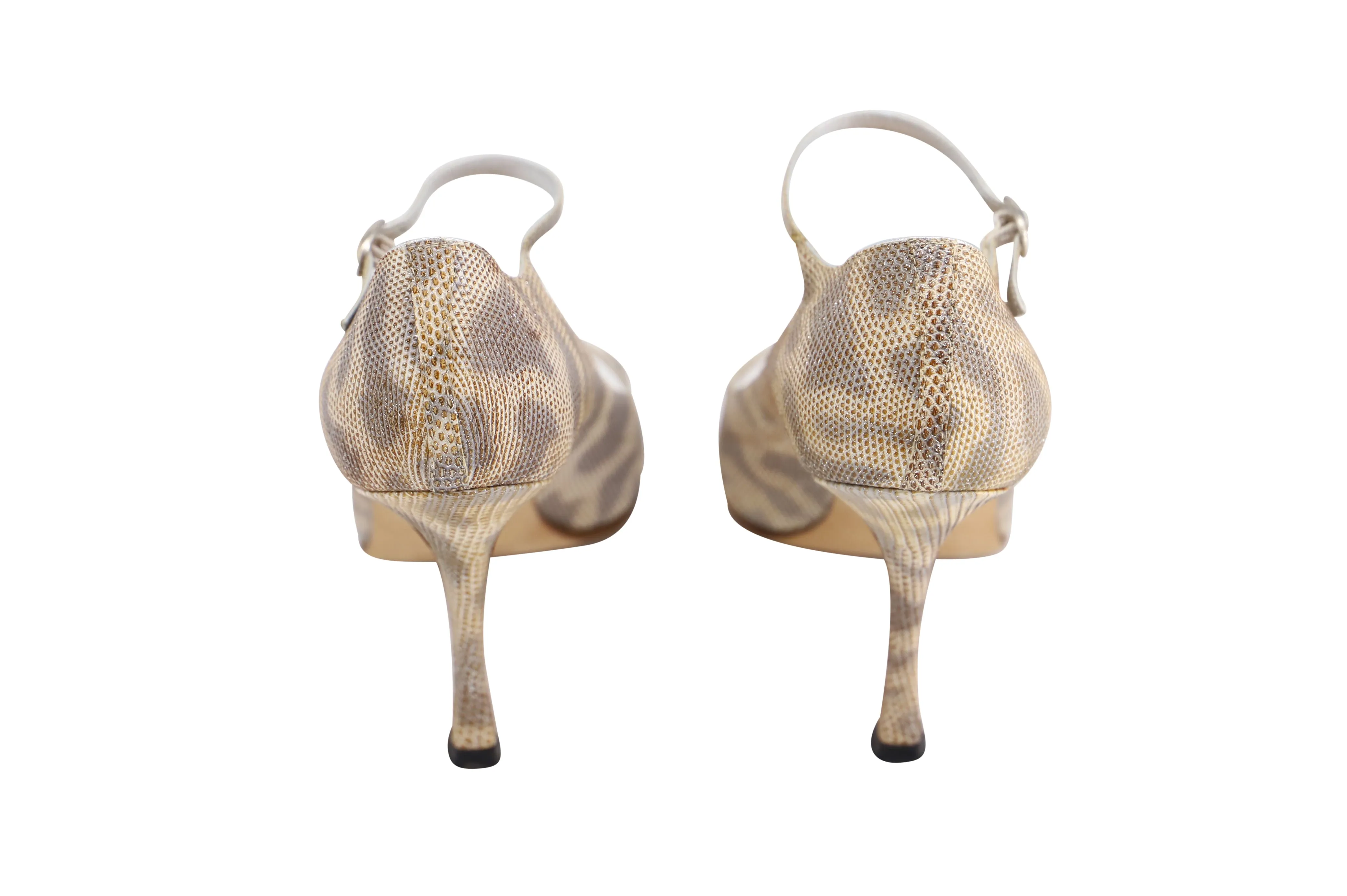 Manolo Blahnik Peep Toe Pumps in Gold Leather