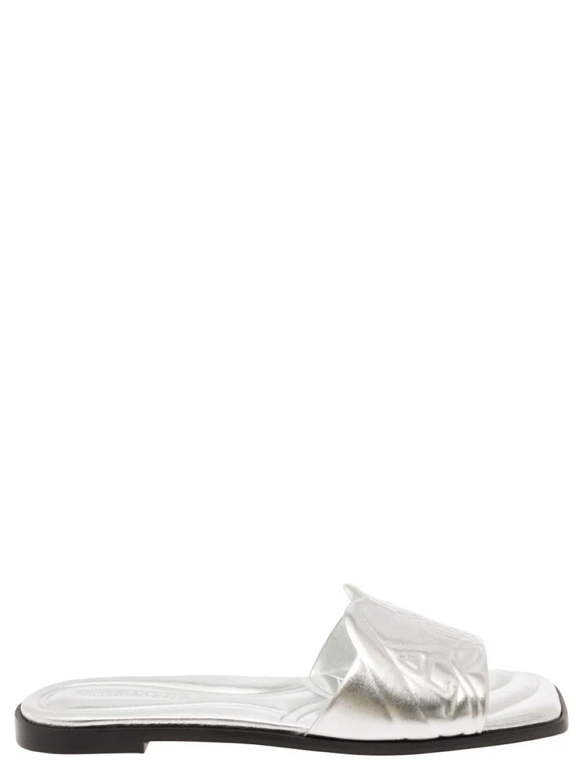 Metallic Flat Sandals With Embossed Motif In Metallic Leather