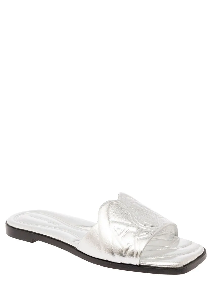 Metallic Flat Sandals With Embossed Motif In Metallic Leather
