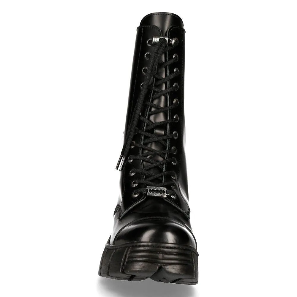 New Rock Black Leather Mid-Calf Tower Biker Boots-M-WALL127N-C1