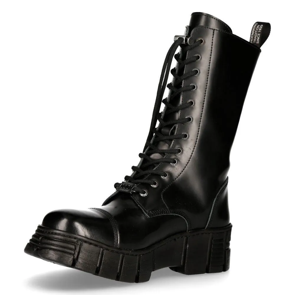 New Rock Black Leather Mid-Calf Tower Biker Boots-M-WALL127N-C1