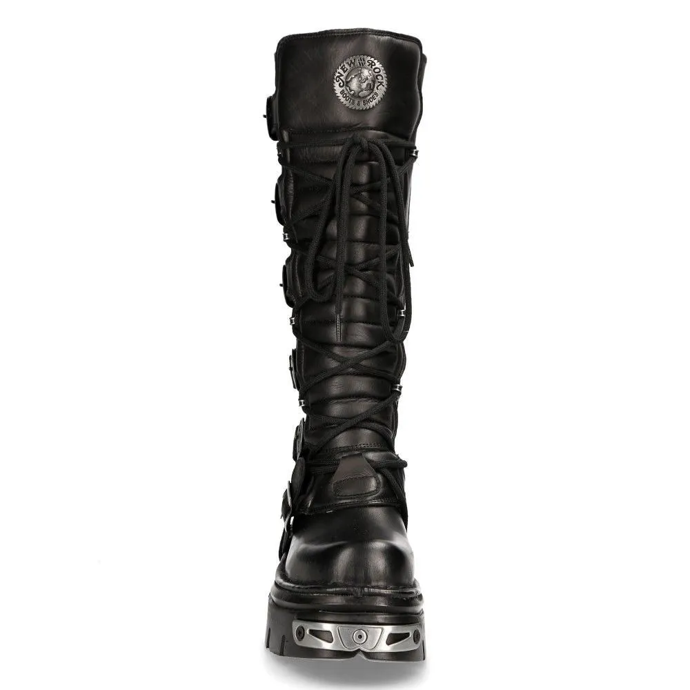 New Rock Knee High Black Leather Gothic Boots-272-S1