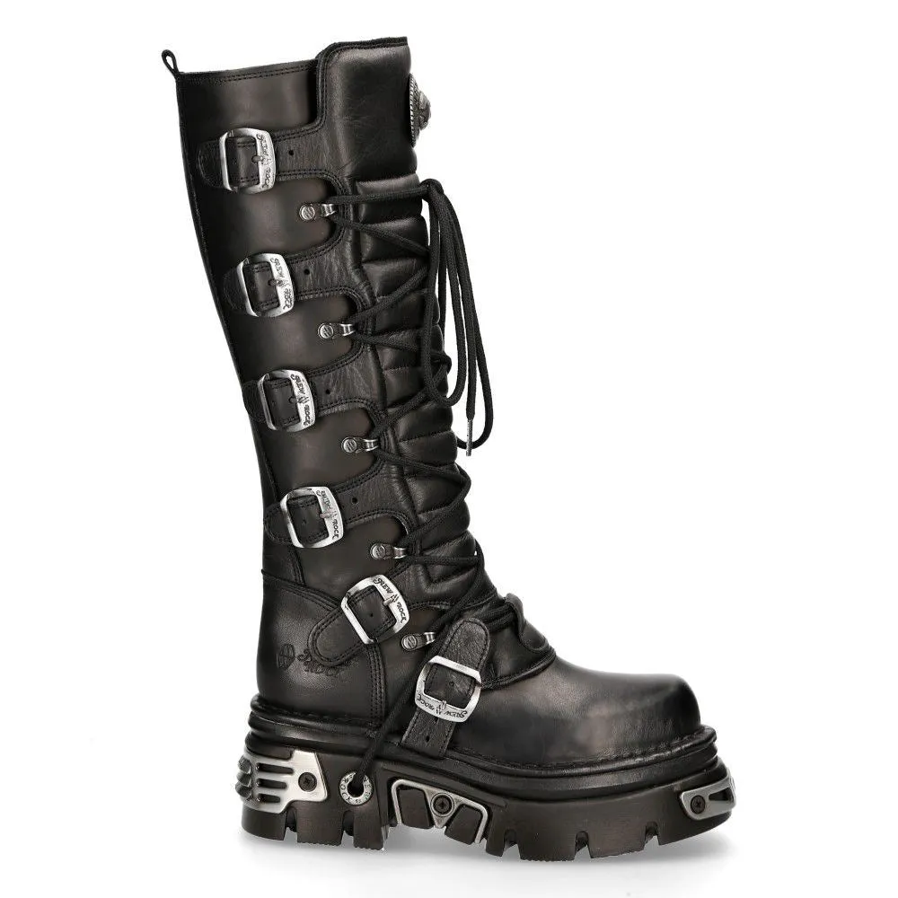 New Rock Knee High Black Leather Gothic Boots-272-S1