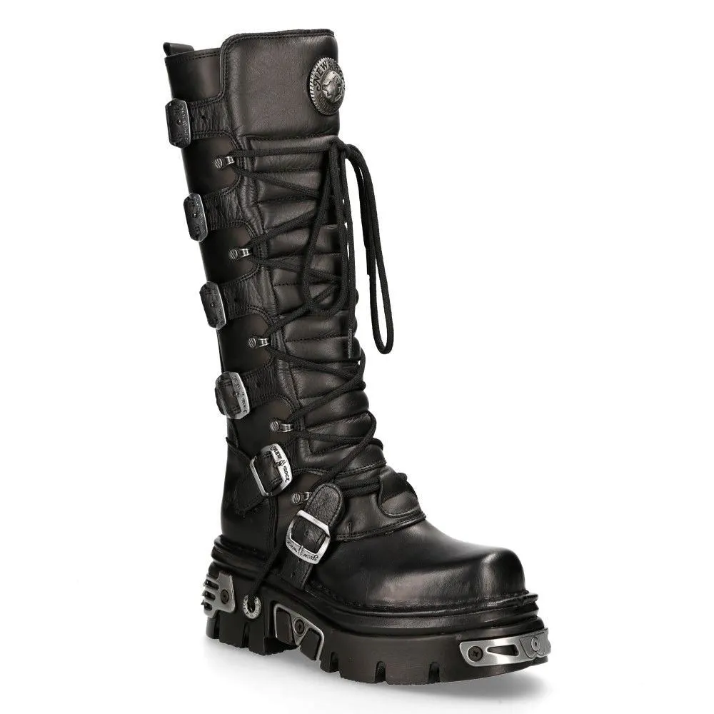 New Rock Knee High Black Leather Gothic Boots-272-S1