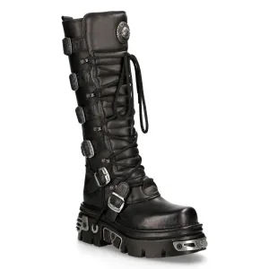 New Rock Knee High Black Leather Gothic Boots-272-S1