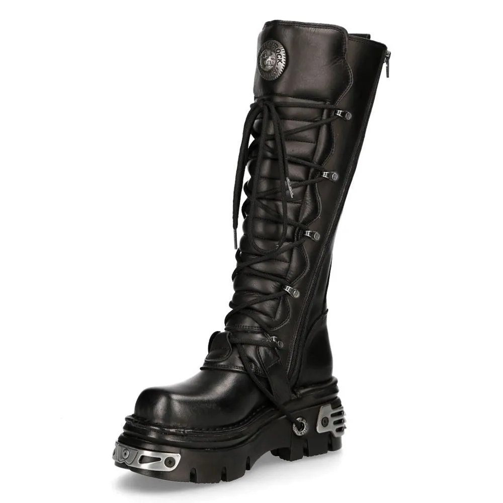 New Rock Knee High Black Leather Gothic Boots-272-S1