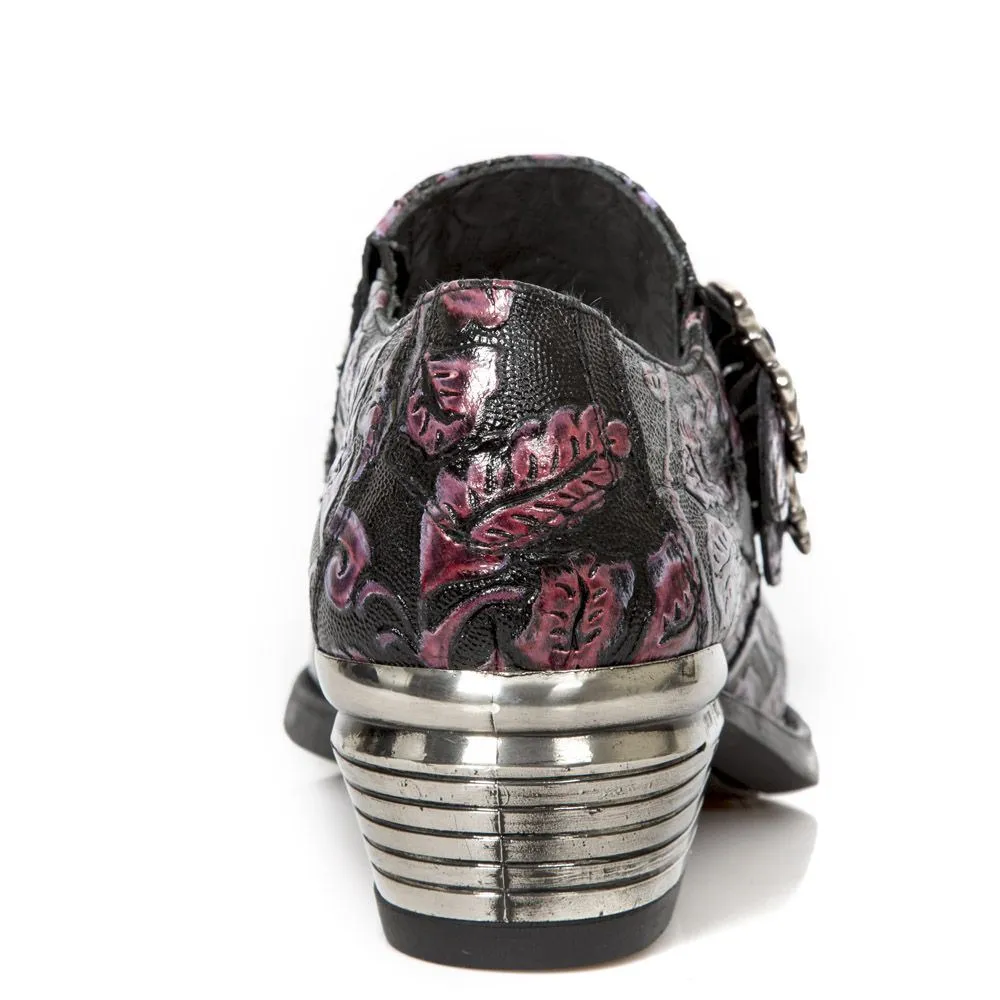 New Rock Vintage Purple Floral Leather Buckle Shoes-7960-S8