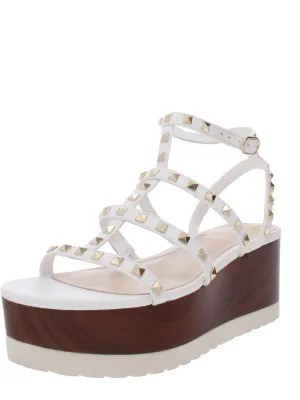 Pemolie Womens Leather Studded Wedge Sandals