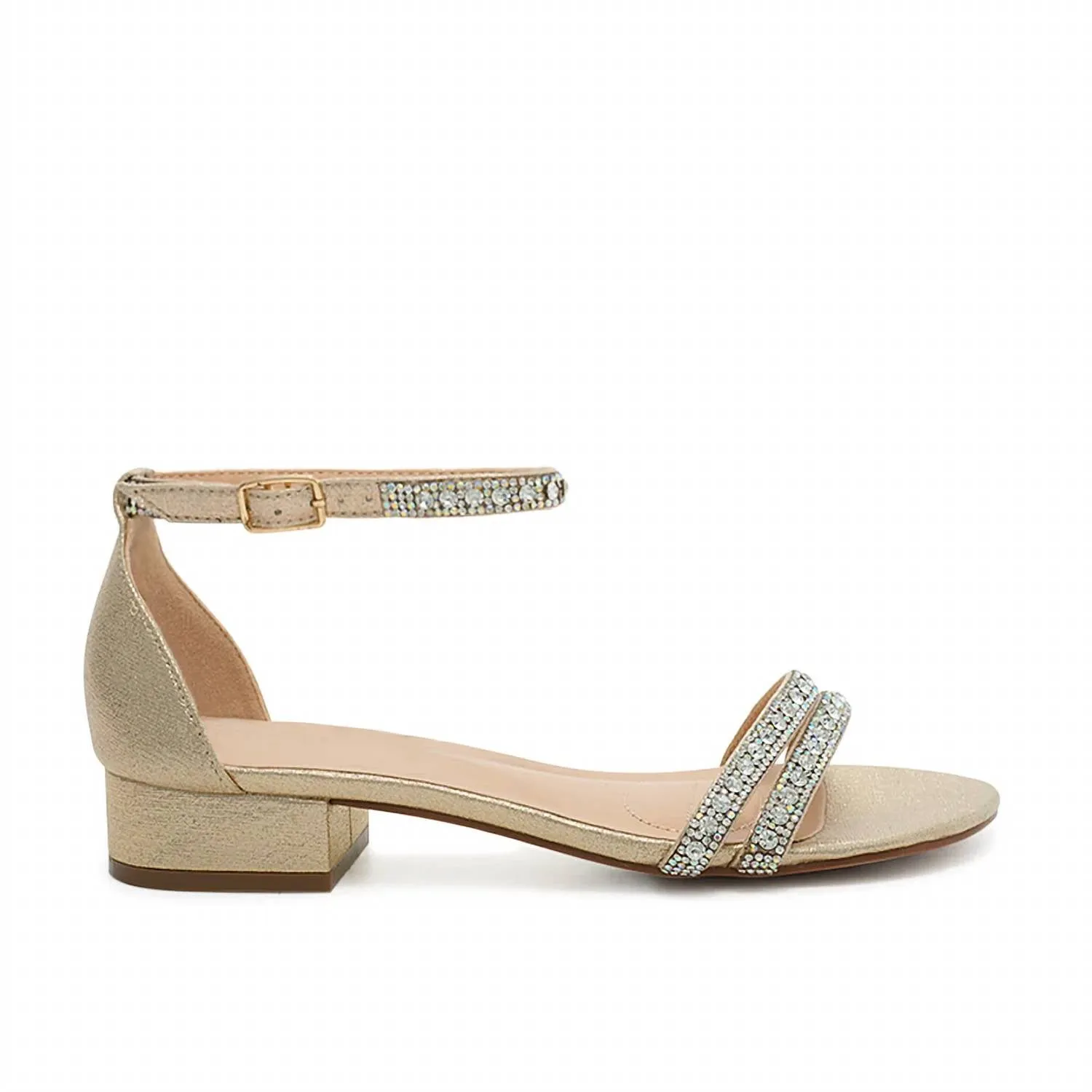 Rhinestone Ankle Strap Low Heel Sandal In Nude