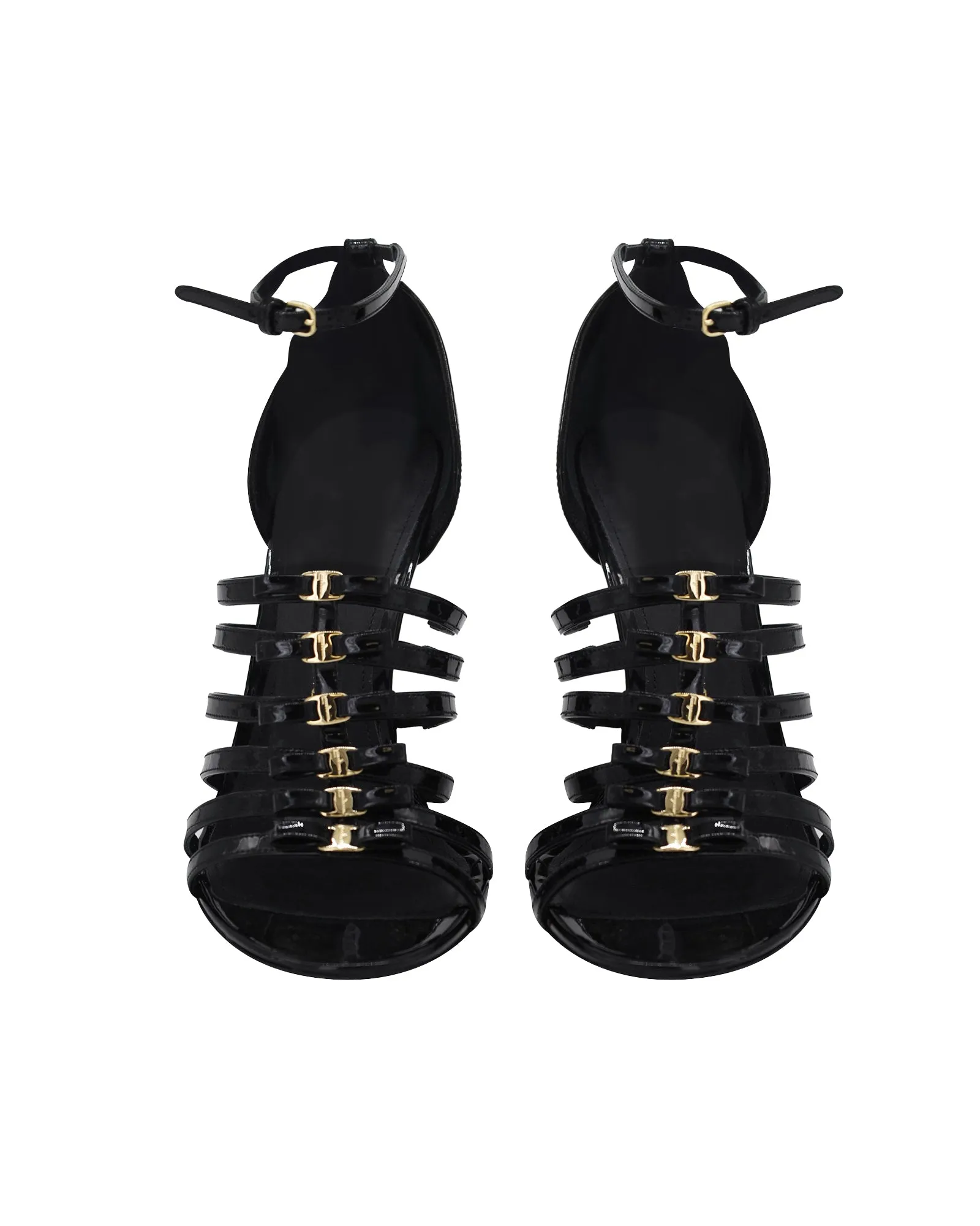 Salvatore Ferragamo Gladiator Strappy High Heeled Sandals in Black Patent Leather