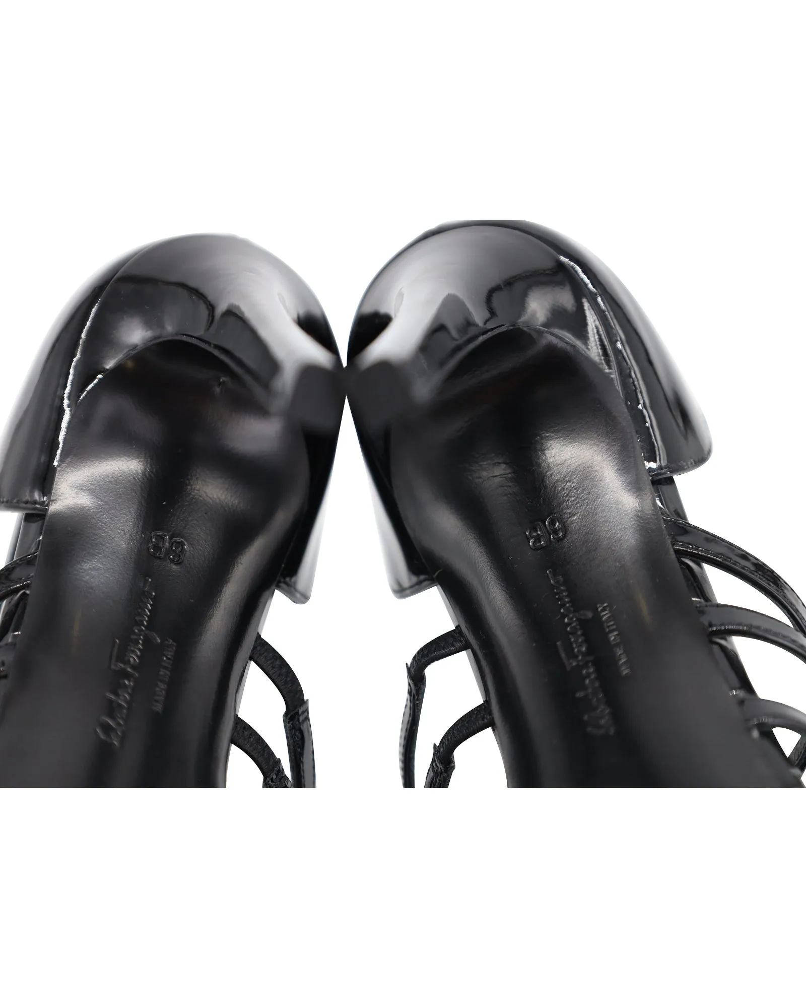 Salvatore Ferragamo Gladiator Strappy High Heeled Sandals in Black Patent Leather