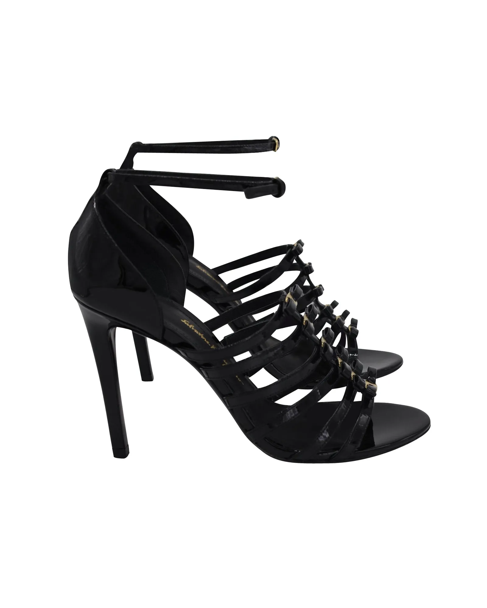 Salvatore Ferragamo Gladiator Strappy High Heeled Sandals in Black Patent Leather