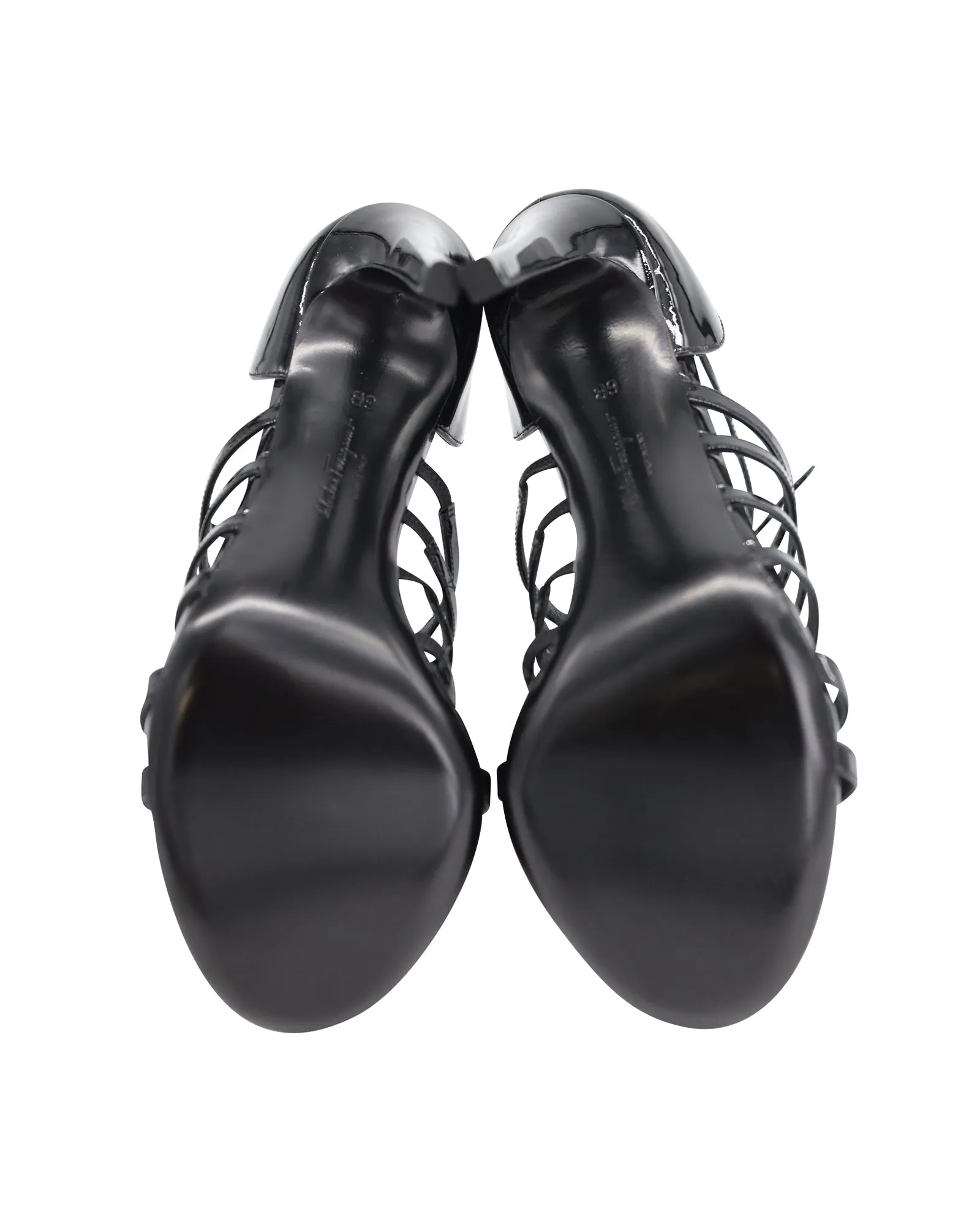 Salvatore Ferragamo Gladiator Strappy High Heeled Sandals in Black Patent Leather