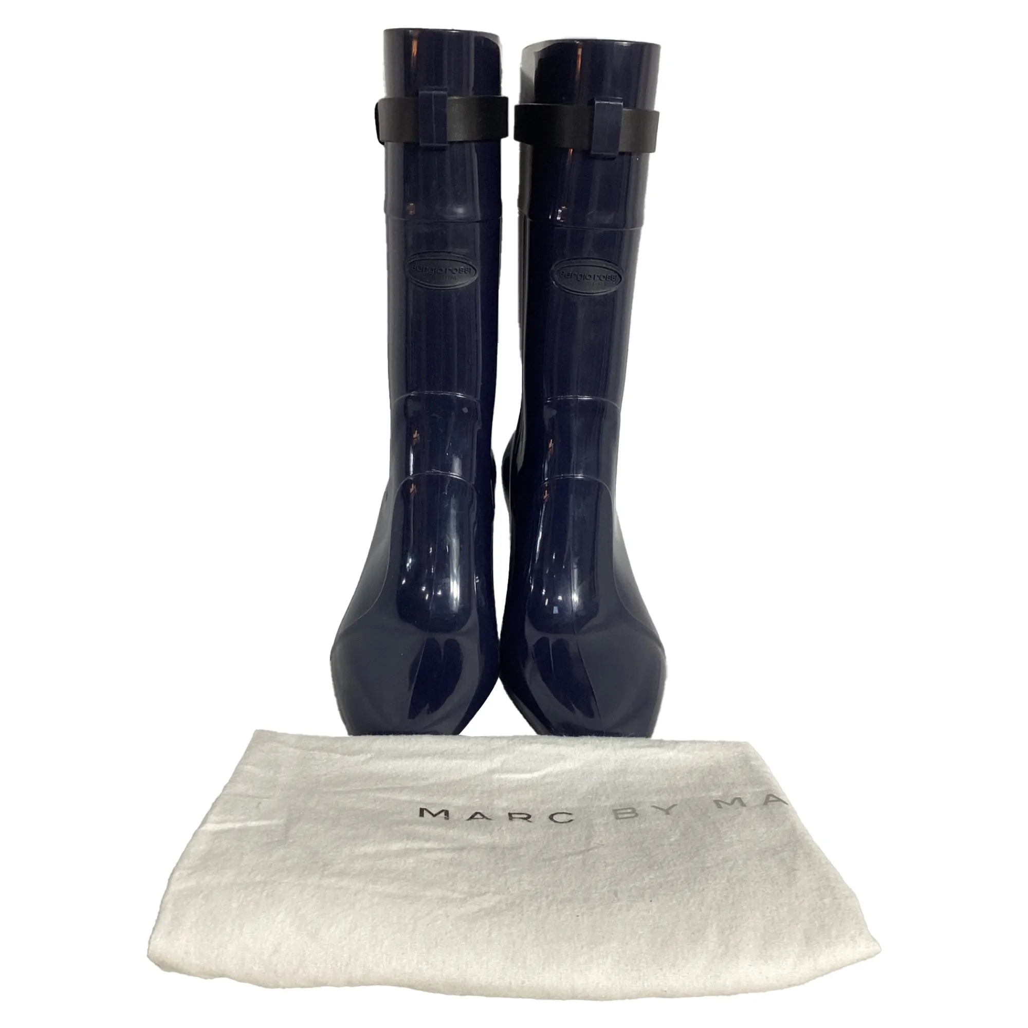 Sergio Rossi Strap Detail Rain Mid-Calf Boots in Navy Blue Rubber
