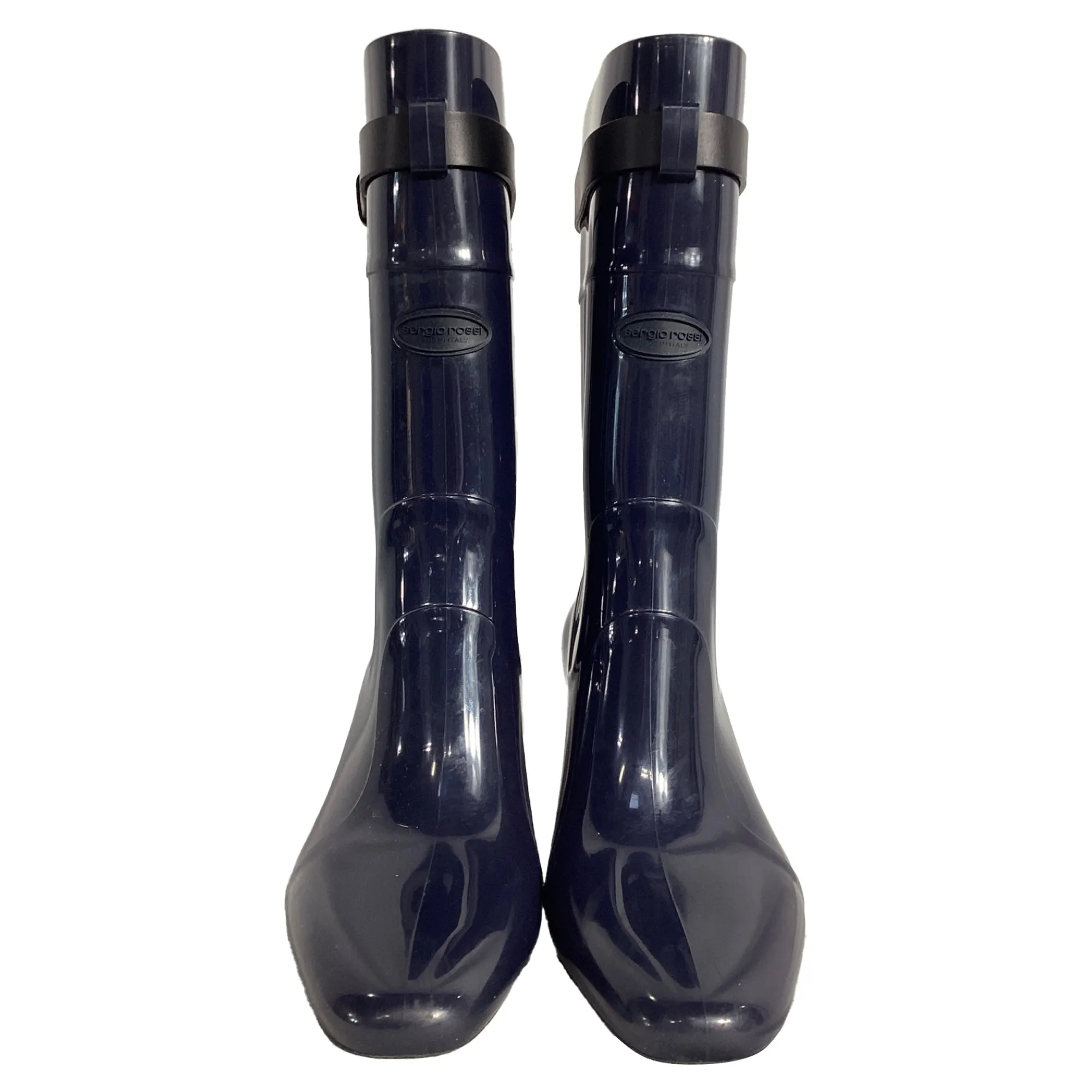 Sergio Rossi Strap Detail Rain Mid-Calf Boots in Navy Blue Rubber