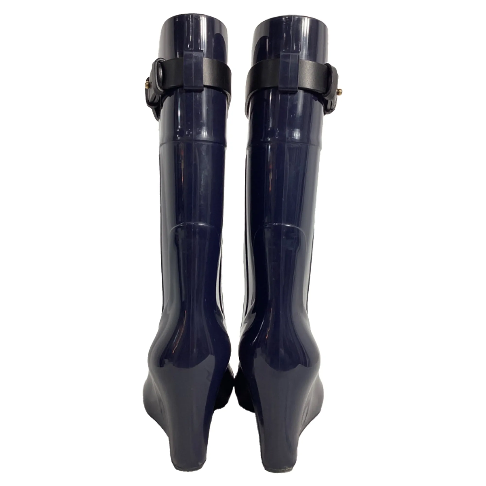 Sergio Rossi Strap Detail Rain Mid-Calf Boots in Navy Blue Rubber