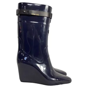 Sergio Rossi Strap Detail Rain Mid-Calf Boots in Navy Blue Rubber
