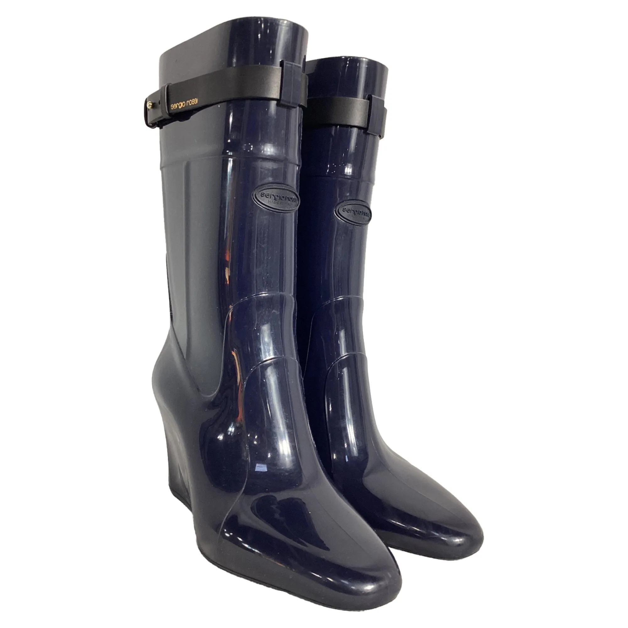 Sergio Rossi Strap Detail Rain Mid-Calf Boots in Navy Blue Rubber