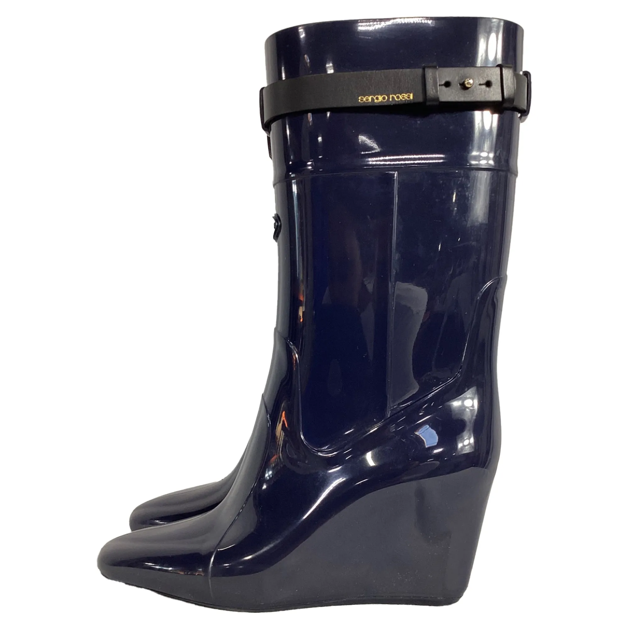 Sergio Rossi Strap Detail Rain Mid-Calf Boots in Navy Blue Rubber