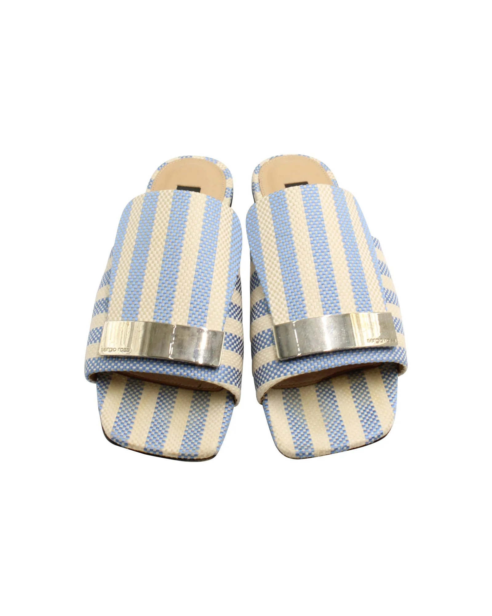 Sergio Rossi Striped Flat Slides in Blue Canvas
