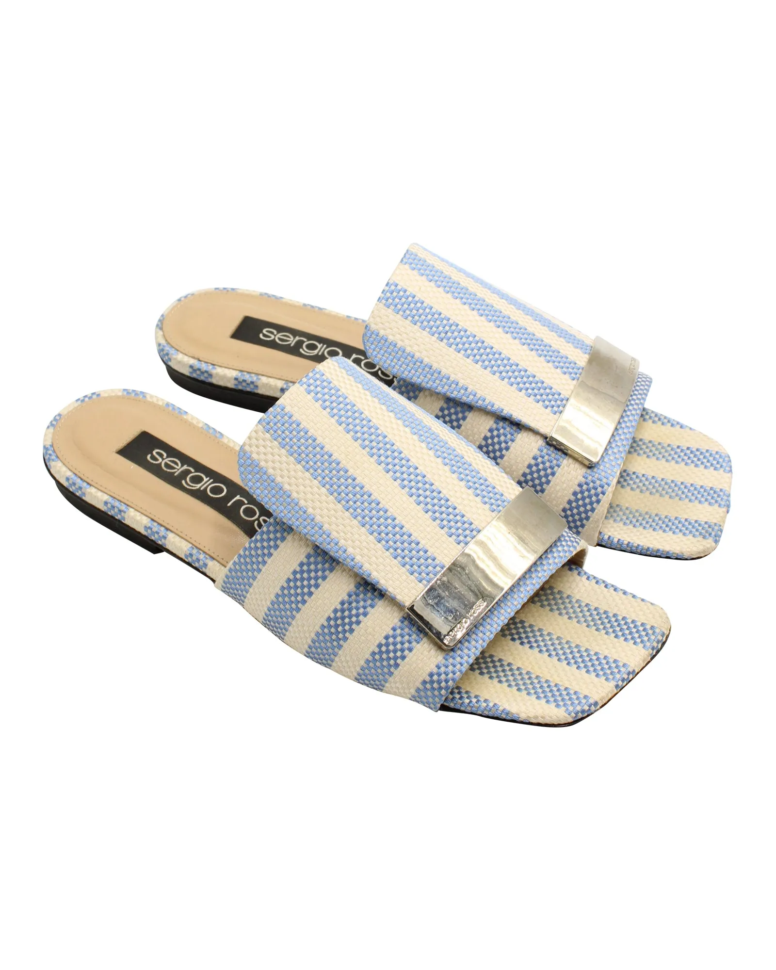 Sergio Rossi Striped Flat Slides in Blue Canvas