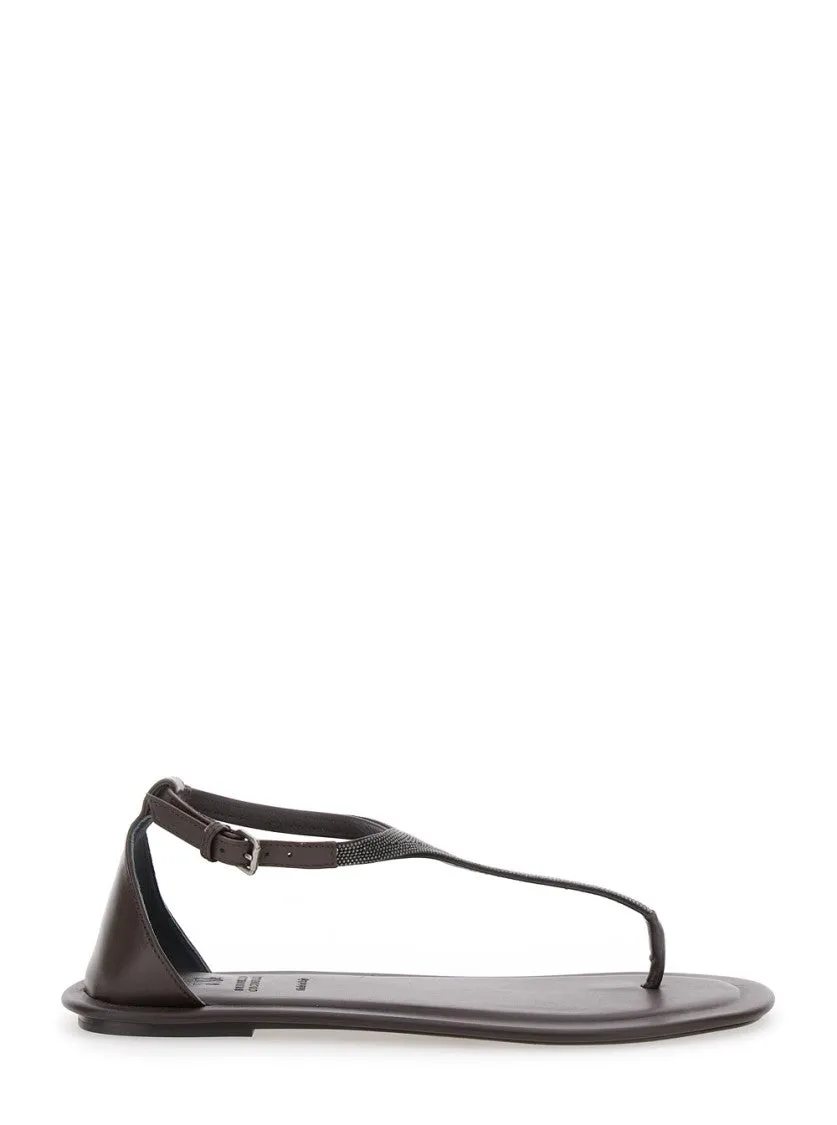 Thong-Style Brown Leather Sandals With Textured Strap